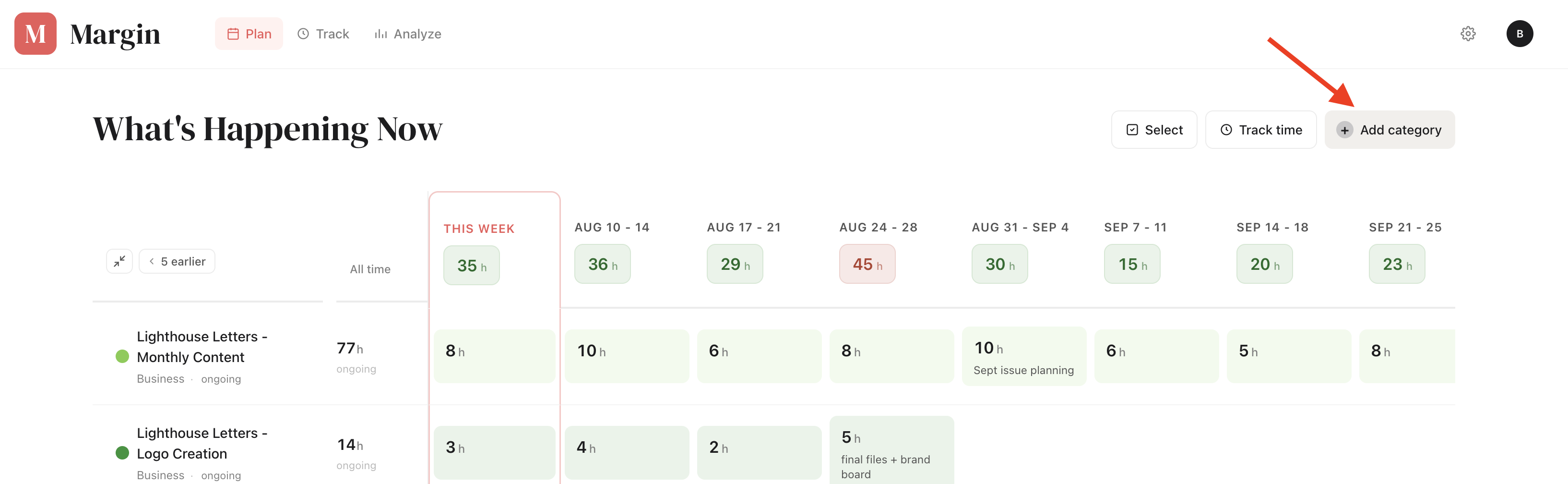 The Add category button on Margin's Plan tab