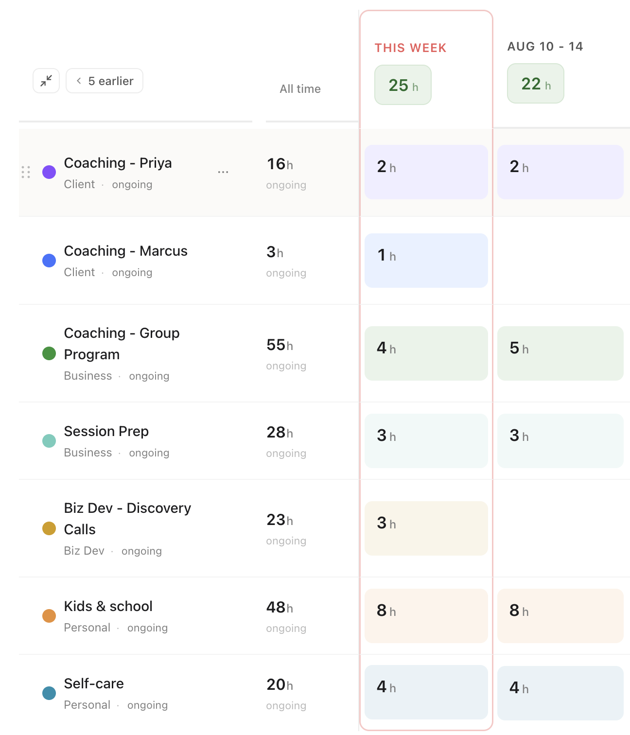 Margin plan grid for a coach with 1:1 clients, a group program, and personal categories