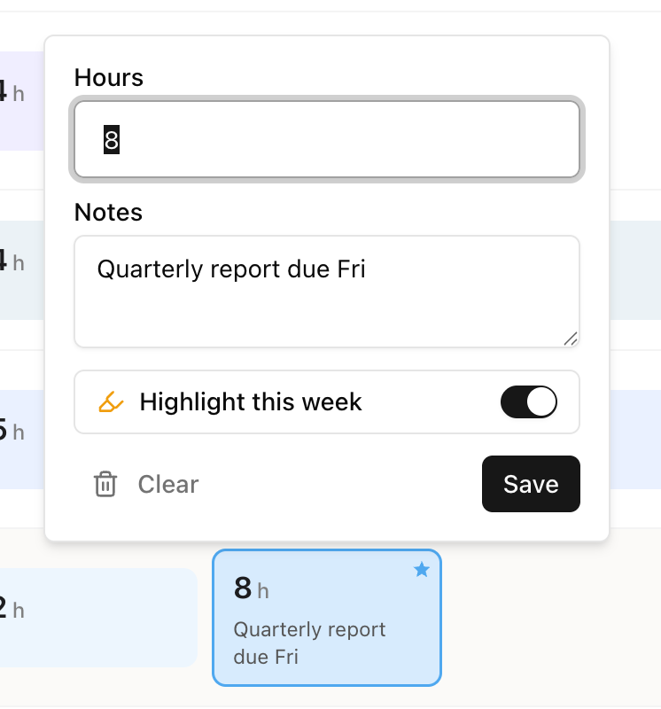 Margin's cell editor with hours, a note, and the Highlight this week toggle for starring a deadline