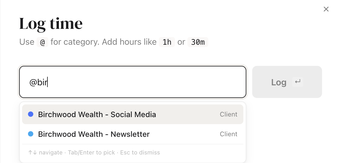 Margin's quick-log with the category dropdown open after typing @