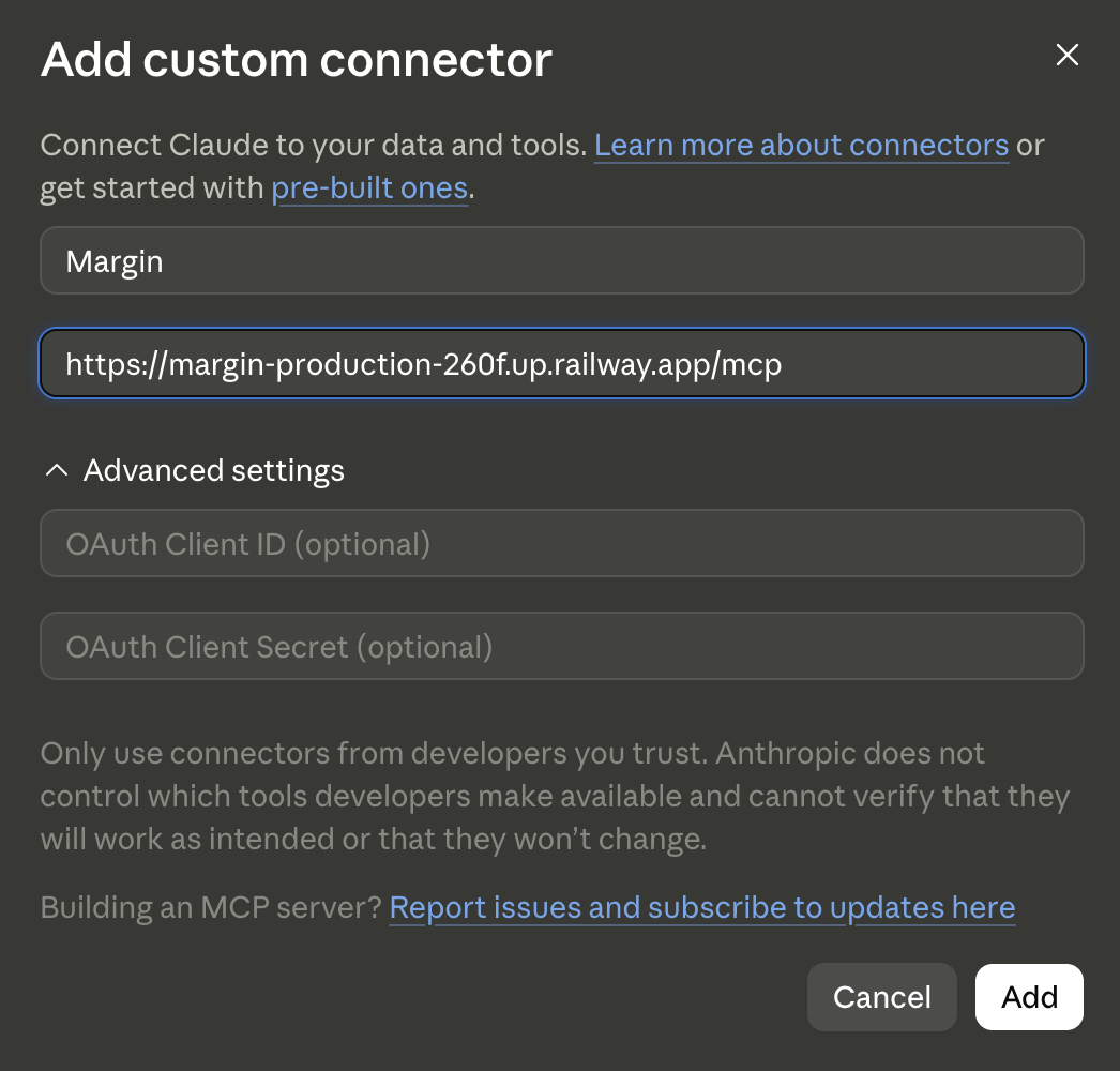 Claude's Add custom connector dialog with the Margin connector address filled in