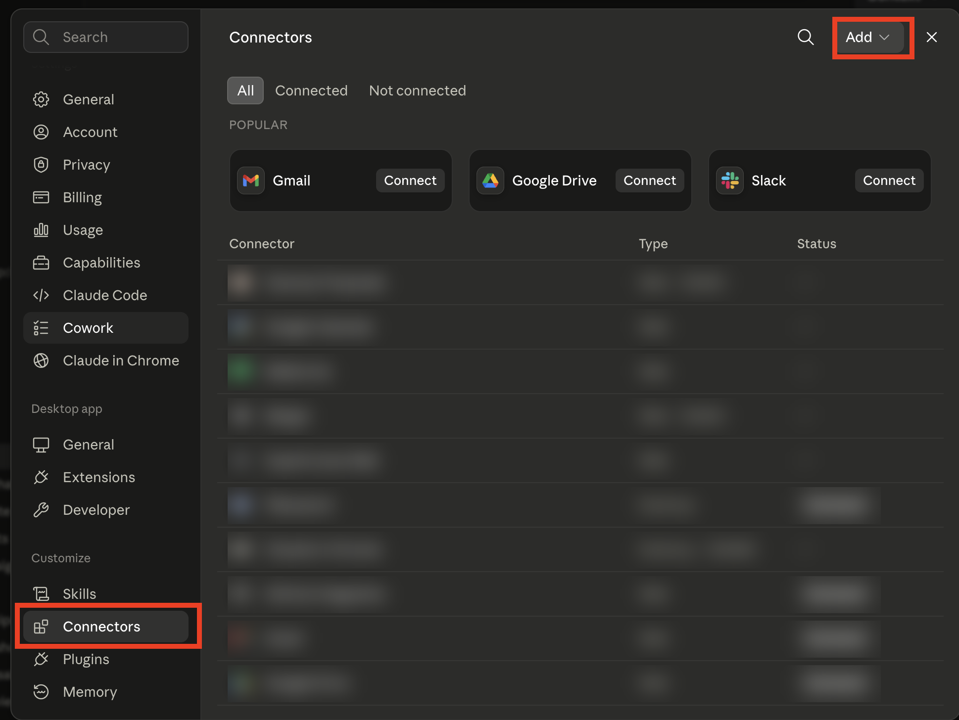 Claude's Connectors settings page with the Add button highlighted
